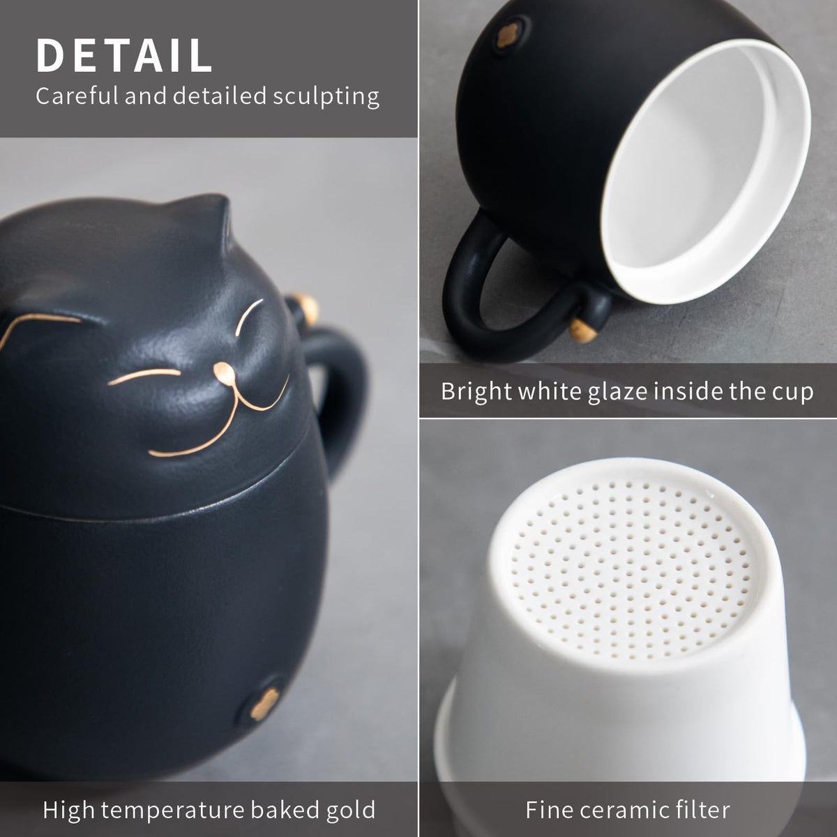 Ceramic Black Cat Tea Cup 10oz with Infuser and Lid