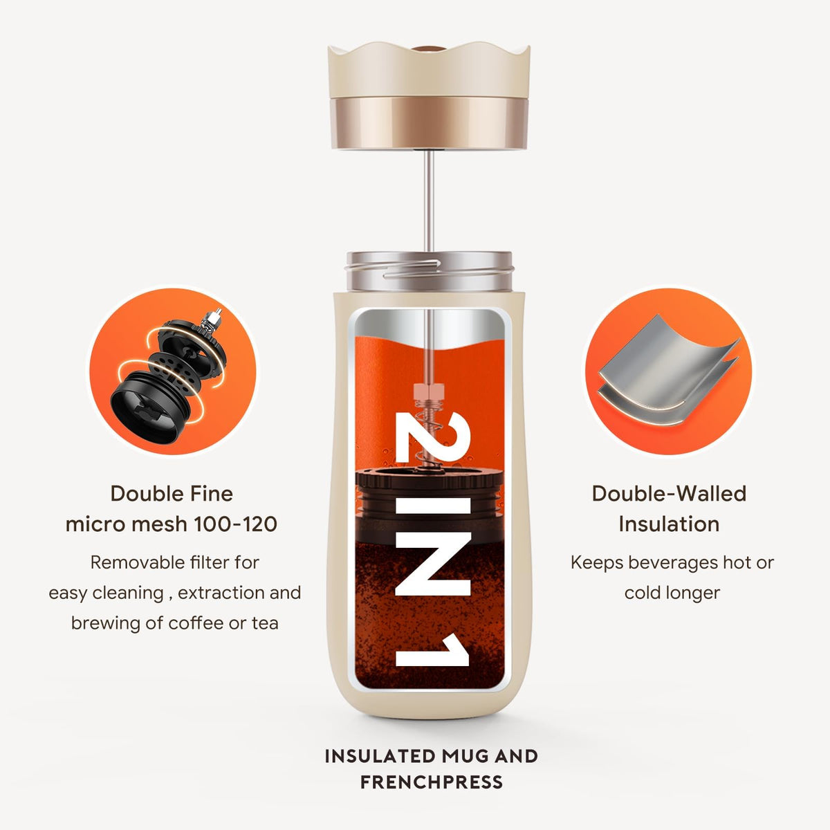 Travel French Press Coffee Maker 12oz Portable French Coffee Cup Double Walled Stainless Steel Vacuum Insulated Coffee Mug and Tea Maker Mini Vacuum Great for Camping and Traveling