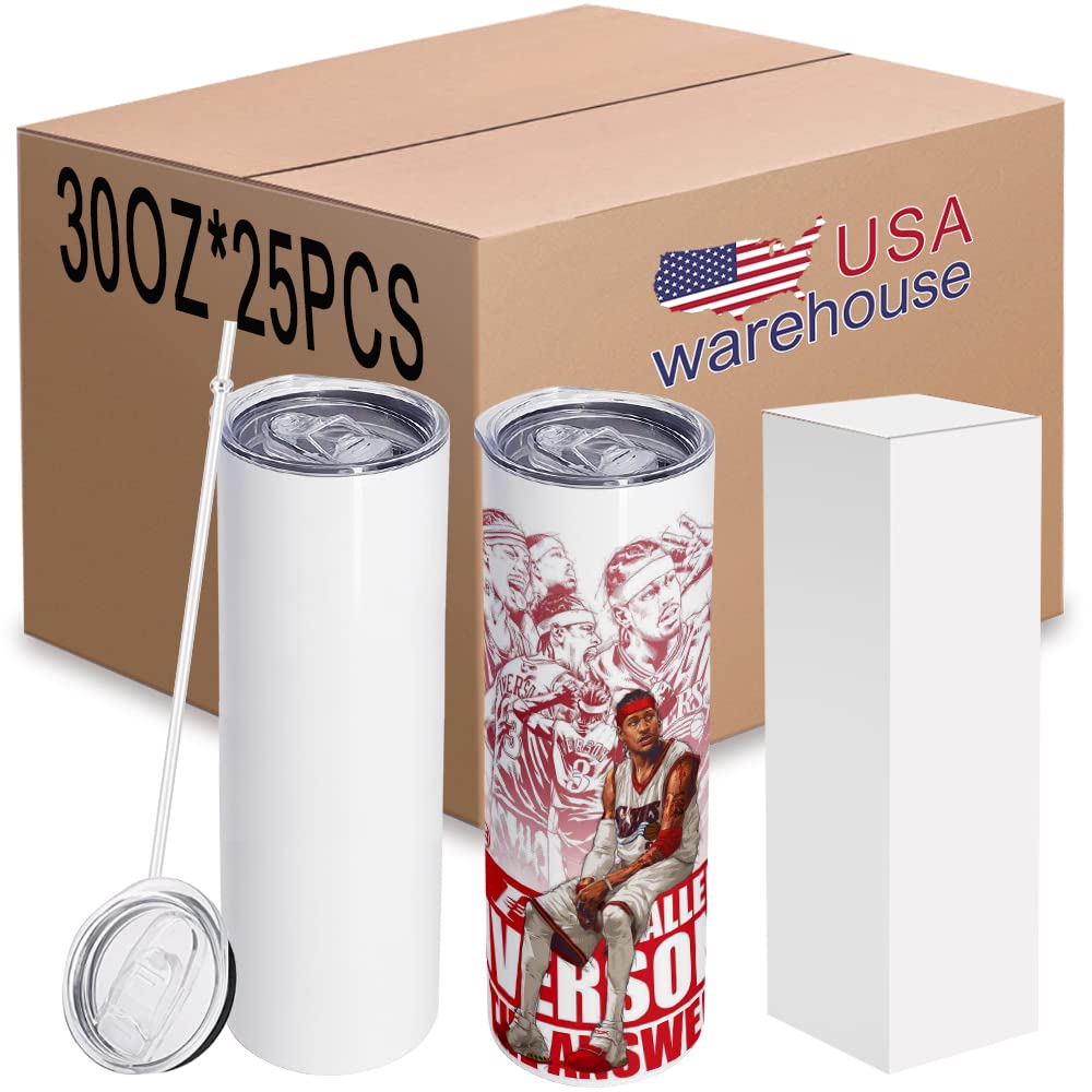 25 pack 30 oz Sublimation Blanks Tumblers skinny with lid and straw (25 Count)