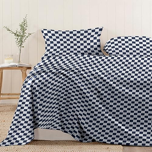 100% Cotton Smart Plaid Print Queen Flat Sheet 400TC Navy