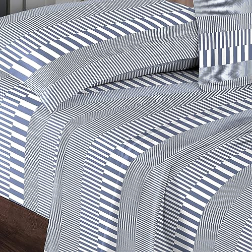 100% Cotton Cascade Stripe Print Twin Sheets Set 400TC Navy