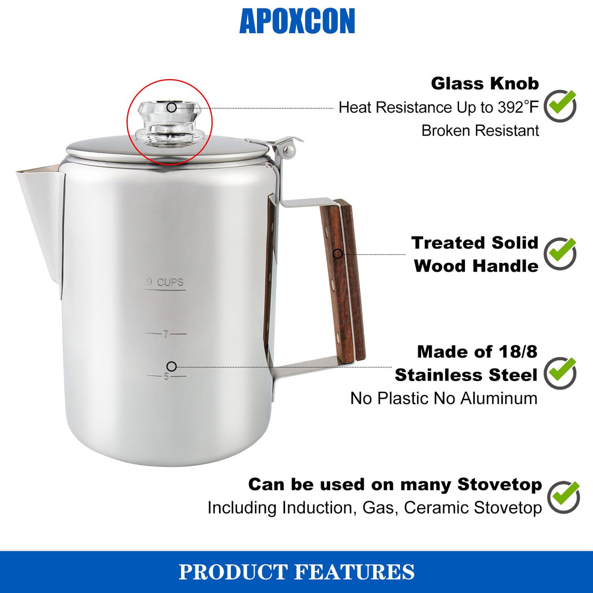 Coffee Percolator Camping Coffee Pot Stainless Steel with Glass Knob Using on any Stovetop (9 Count)