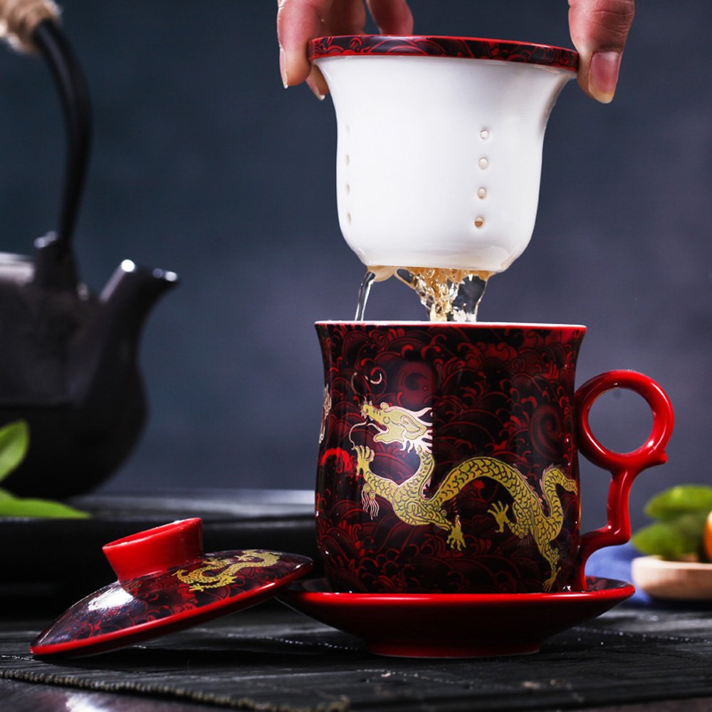 PLESIU Yuhytop Groye Tea Talent Porcelain Tea Cup with Infuser Lid and Saucer Sets