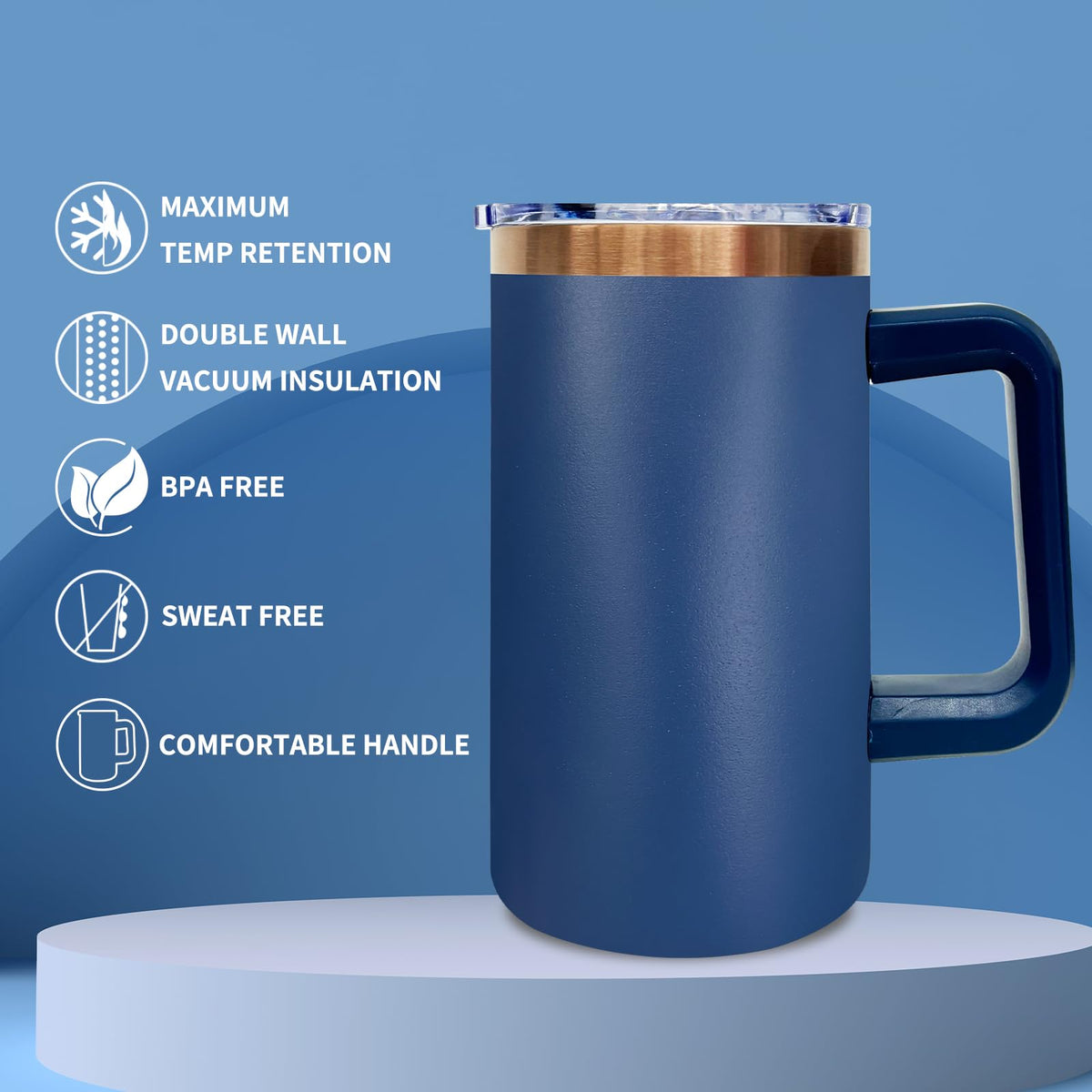 22oz Insulated Coffee Mug Bulk with Handle and Lid Navy (8 Count)