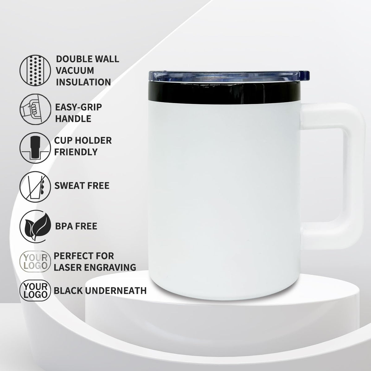 12 oz Tumbler with Handle and Straw Stainless Steel Insulated Coffee Mug for Laser Graving Powder Coated Cup with Black Plated (6 Count)