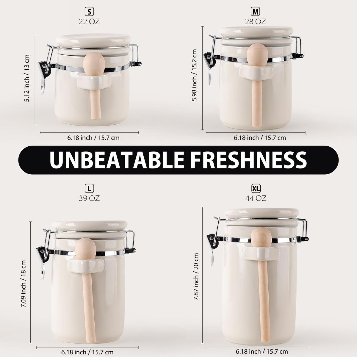 4 Piece Airtight Ceramic Canister Set With Attached Wooden Spoon Reusable Chalk Labels For Dry Goods Sugar Coffee Tea Kitchen Storage Use (4 Count)