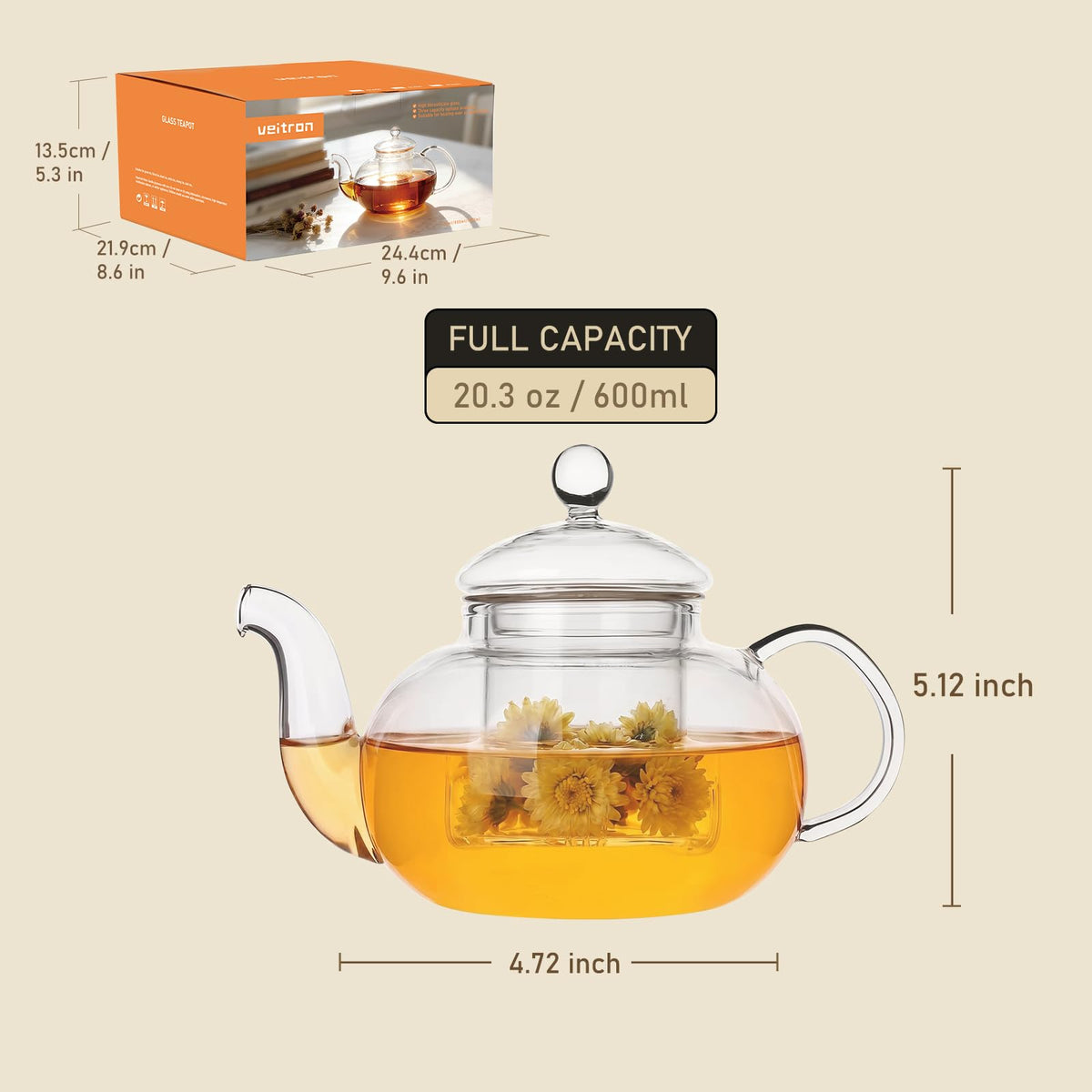 600ml (20.3oz) Borosilicate Glass Teapot with Removable Glass Infuser, Stovetop Safe Clear Tea Kettle for Blooming Tea & Loose Leaf Tea