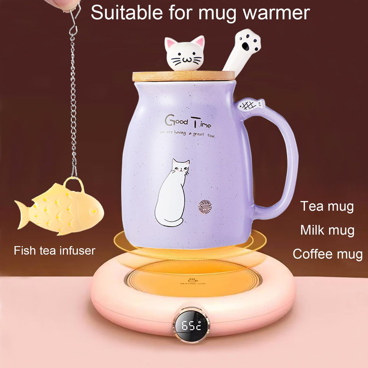 Cat Mug Kawaii Tea Cup with Infuser and Lid Purple Cat Ceramic Coffee Mug Cute Cool Preppy Stuff Birthday Gifts for Mom Gifts for Women Girlfriend Girls Cat Lover Gifts