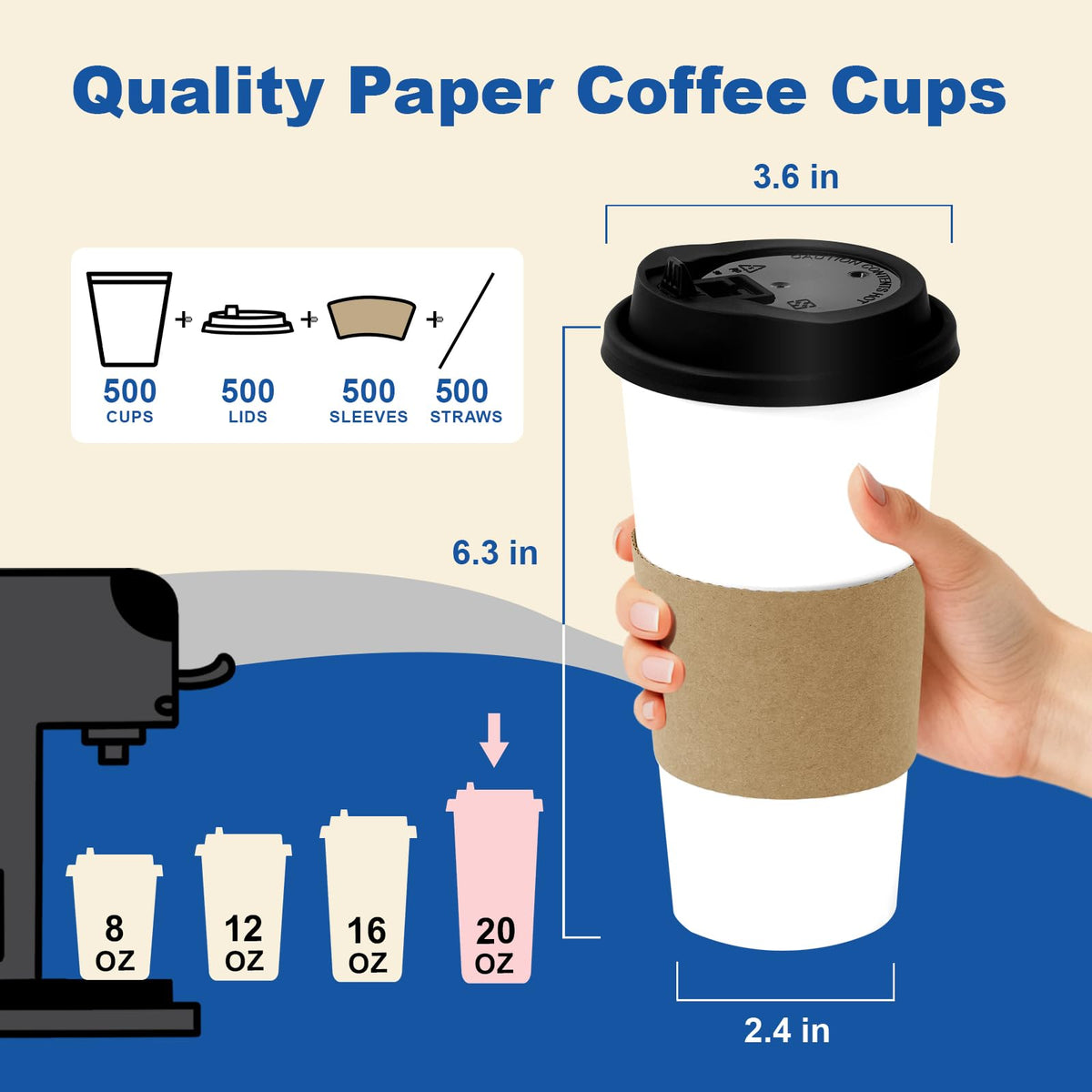 20 oz 500 Pack Coffee Cups with Lids and Sleeves (500 Count)