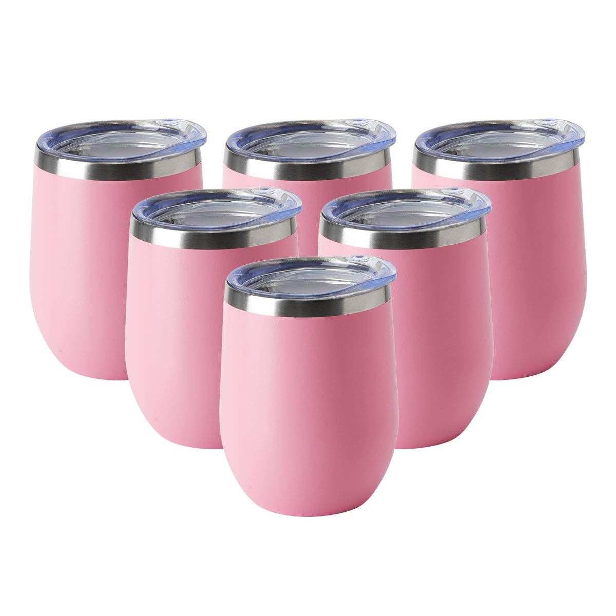 12oz Wine Tumbler with Lid Stemless Wine Glasses Double Wall Vacuum Travel Mugs stainless steel Coffee Cup for Cold & Hot Drinks Wine Coffee Cocktails Beer 6 Pack Pink (6 Count)