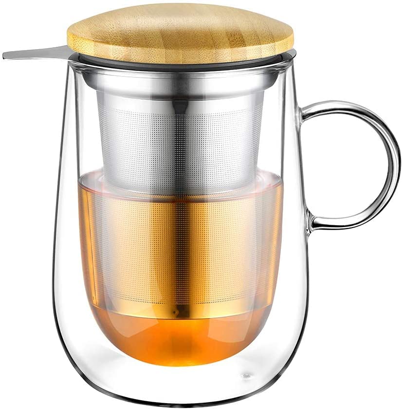 Tea Infuser Mug 14.5oz Insulated Heatproof Glass Tea Cup with Removable Infuser and Lid (14.5 Ounce)