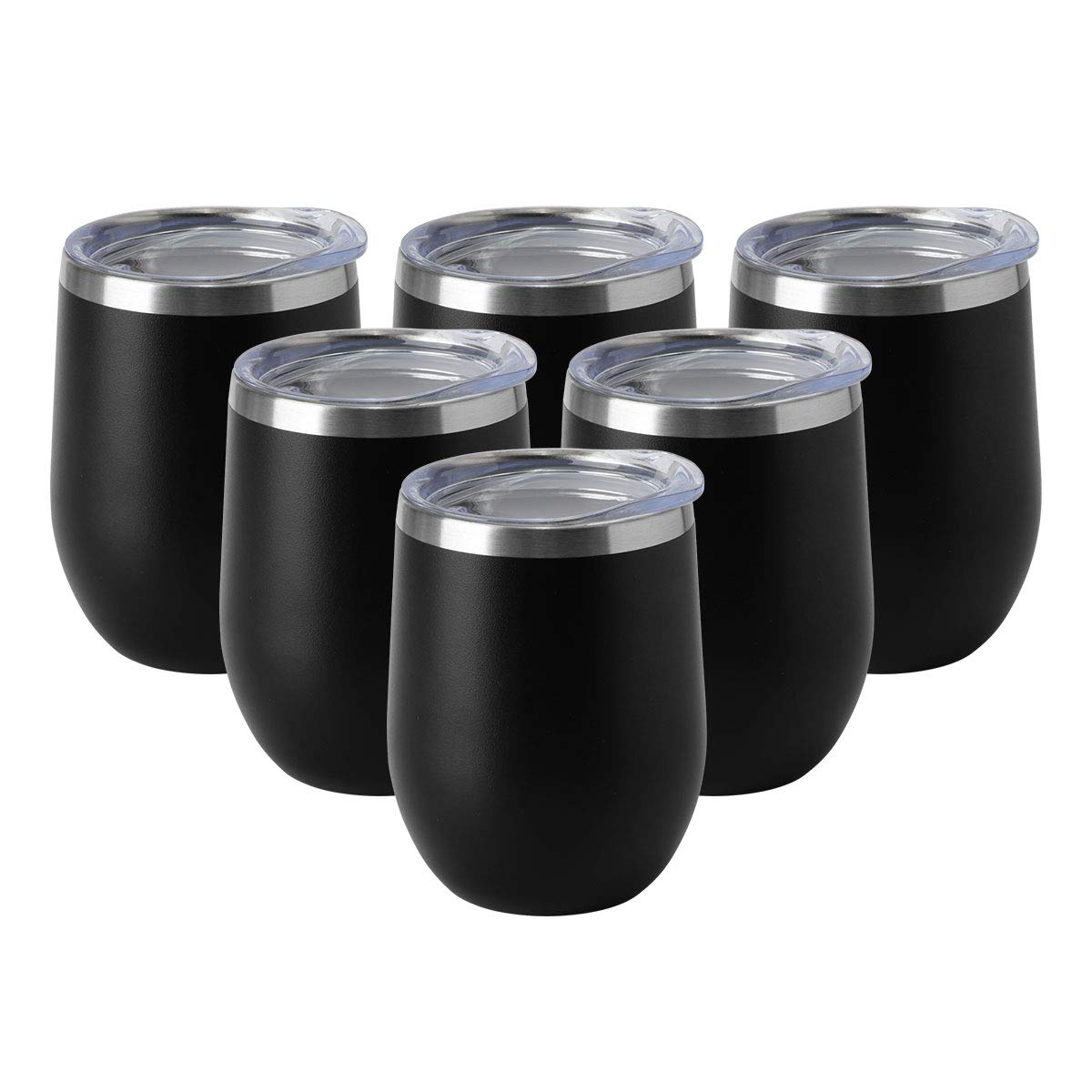12oz Wine Tumbler with Lid Stemless Wine Glasses Double Wall Vacuum Travel Mugs stainless steel Coffee Cup for Cold & Hot Drinks Wine Coffee Cocktails Beer 6 Pack Black (6 Count)