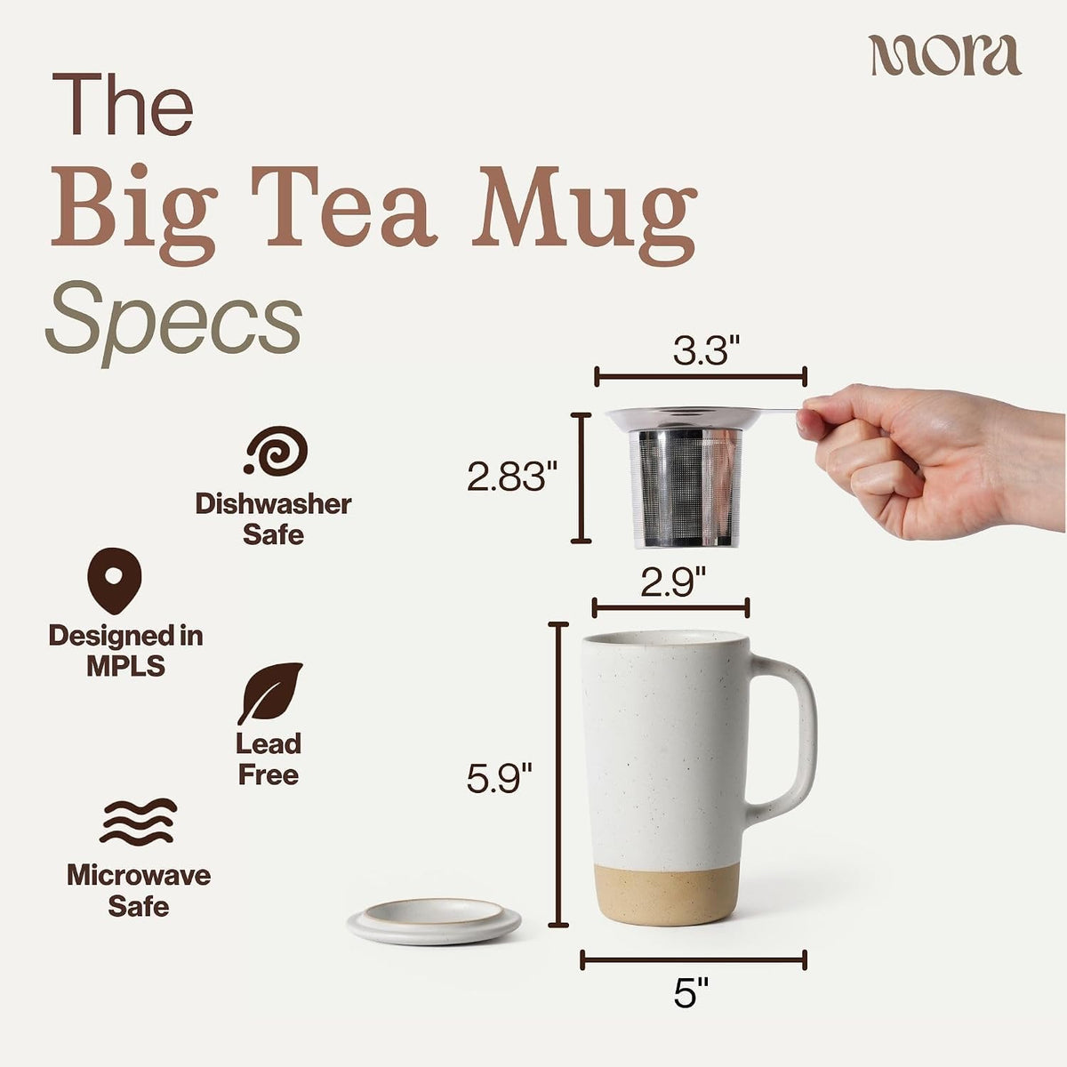 Mora Ceramics Large Tea Mug with Loose Leaf Infuser and Ceramic Lid