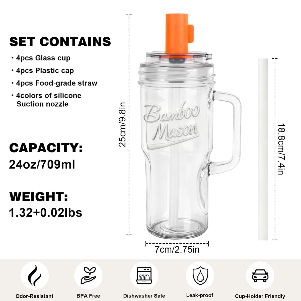 Glass Tumbler With Handle Bamboo Mason Leakproof Mason Jar Cups with Lids and Straws (2 Count)