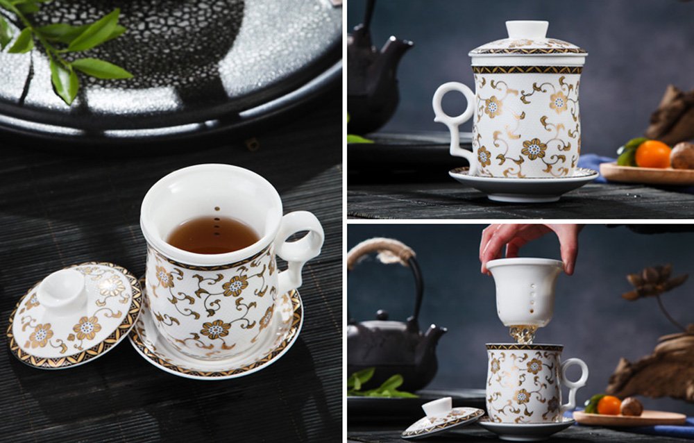 Porcelain Tea Cup with Infuser Lid and Saucer Sets