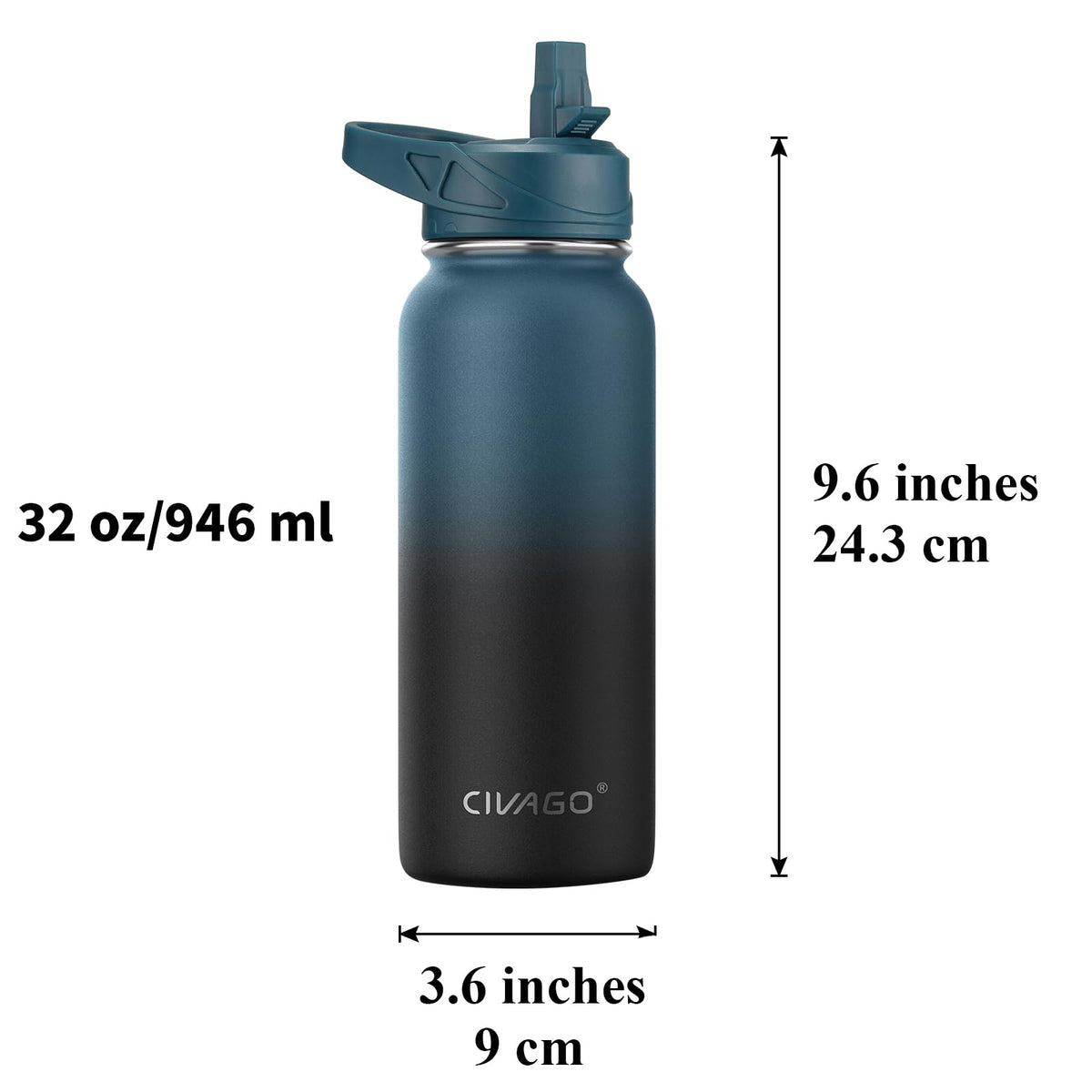 32 oz Insulated Stainless Steel Water Bottle With Straw and 3 Lids