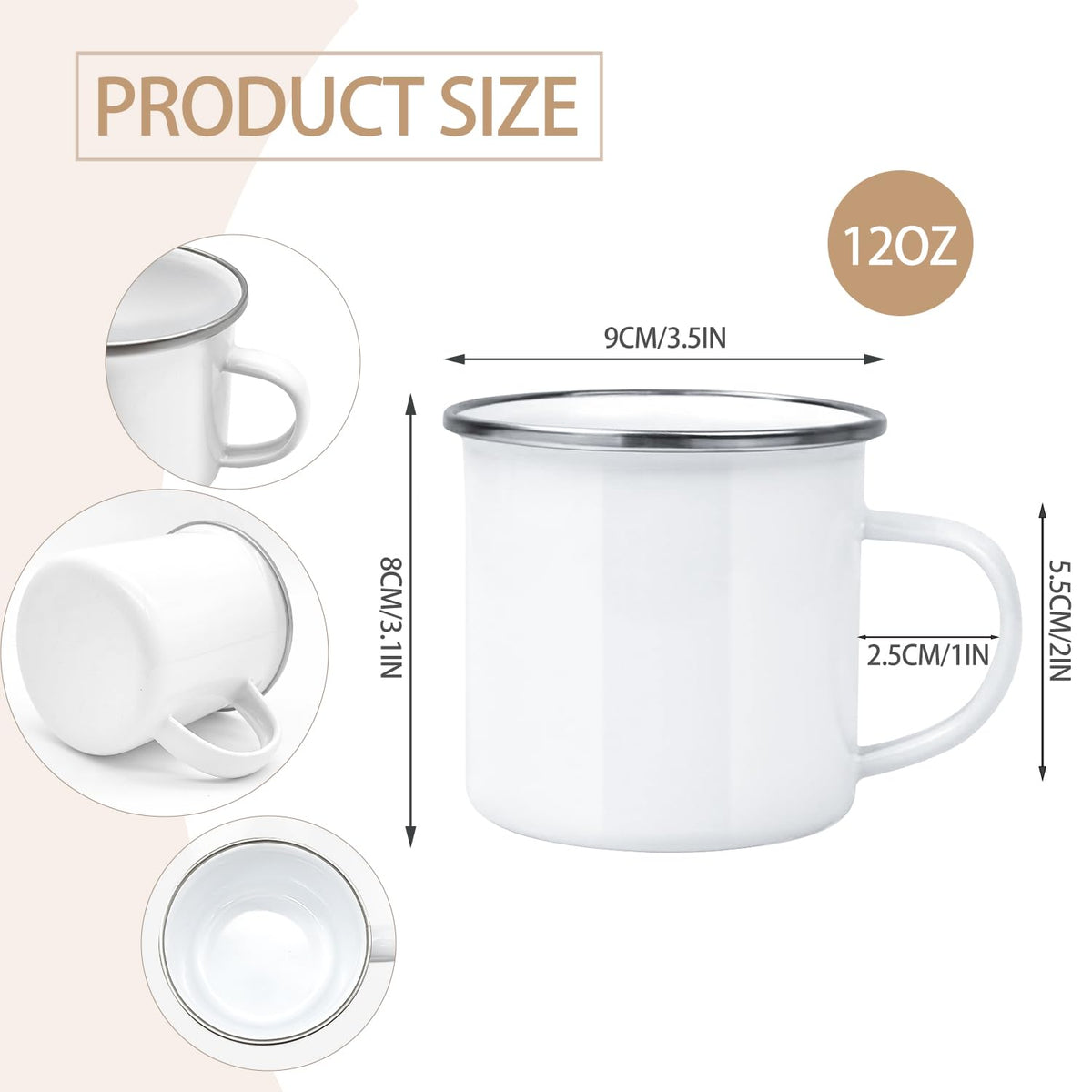 16 Pack Sublimation Blanks Enamel Mug Camping Outdoor Coffee Travel Metal Mug with Silver Rim for Heat Transfer DIY Gift White 12oz (16 Count)