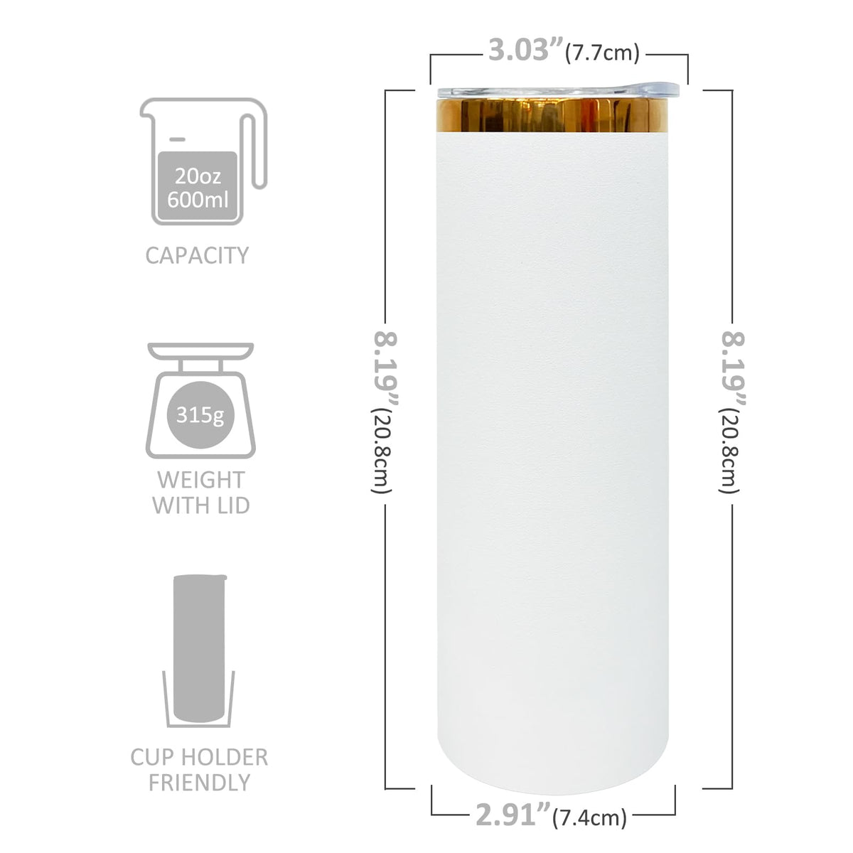 20 oz Skinny Tumblers Bulk With Lid and Straw White (8 Count)