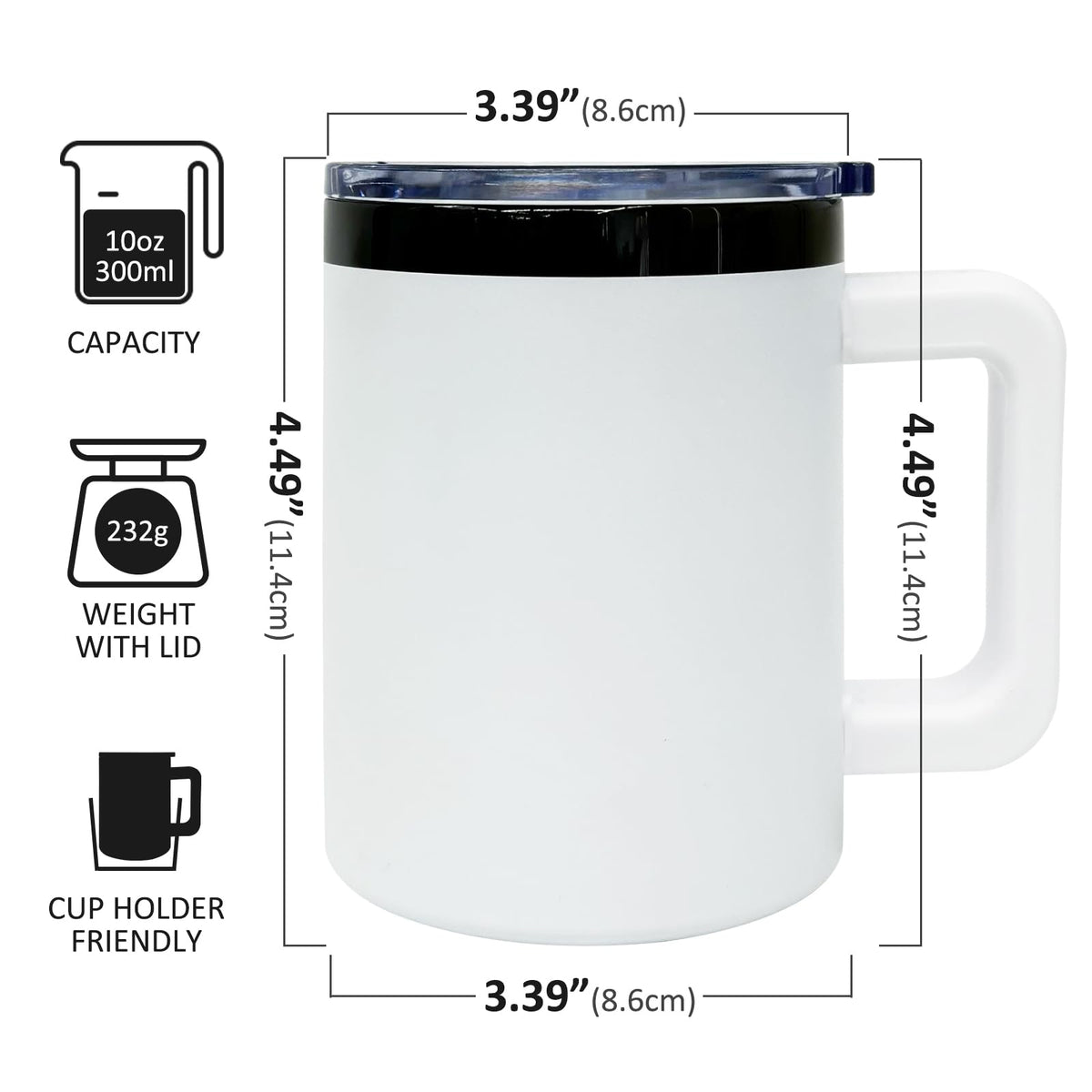 12 oz Tumbler with Handle and Straw Stainless Steel Insulated Coffee Mug for Laser Graving Powder Coated Cup with Black Plated (6 Count)