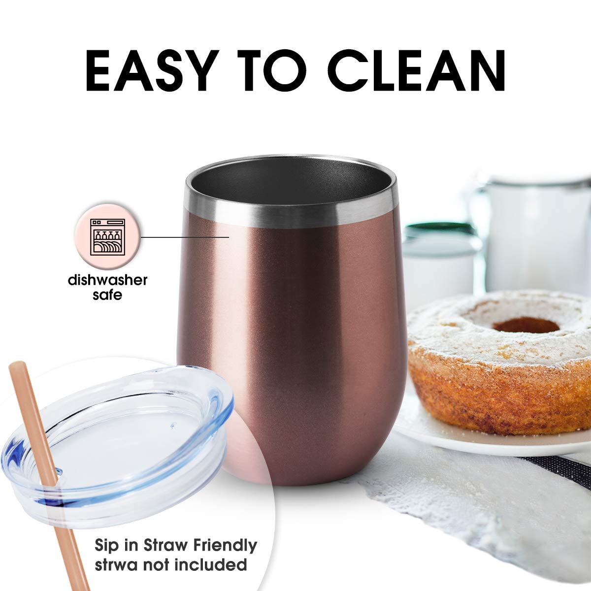 12oz Wine Tumbler with Lid Stemless Wine Glasses Double Wall Vacuum Travel Mugs stainless steel Coffee Cup for Cold & Hot Drinks Wine Coffee Cocktails Beer 1 Pack Rose Gold