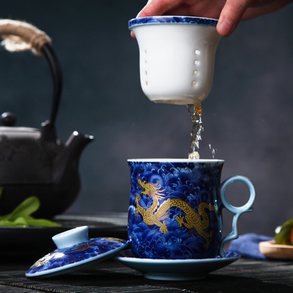 Porcelain Tea Cup with Infuser Lid and Saucer Sets