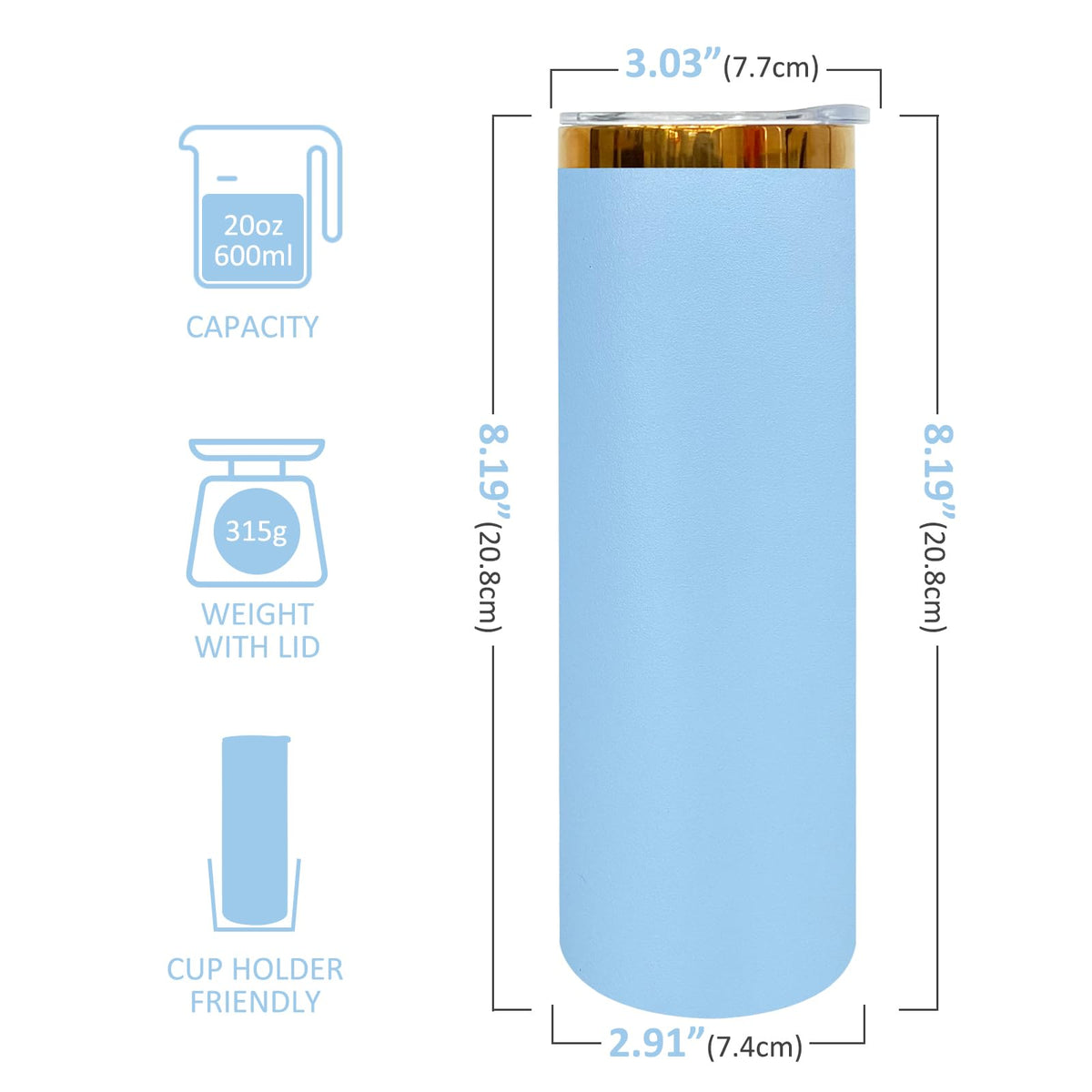 20 oz Skinny Tumblers Bulk With Lid and Straw Sky Blue (8 Count)