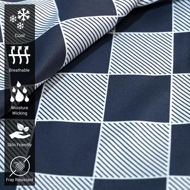 100% Cotton Smart Plaid Print Queen Duvet Cover Set 400TC Navy