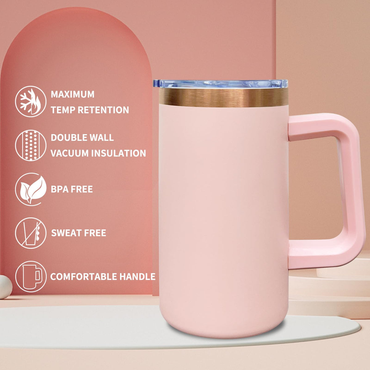 22oz Insulated Coffee Mug Bulk with Handle and Lid Pink (4 Count)