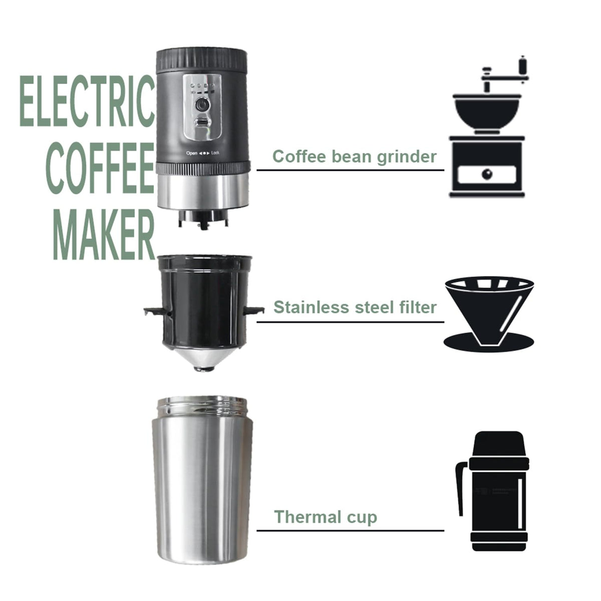3 in 1 Portable Coffee Maker Set with Electric Burr Coffee Grinder Black Pour Over Kettle Coffee Bean Storage For Travel Hiking Picnic Camping