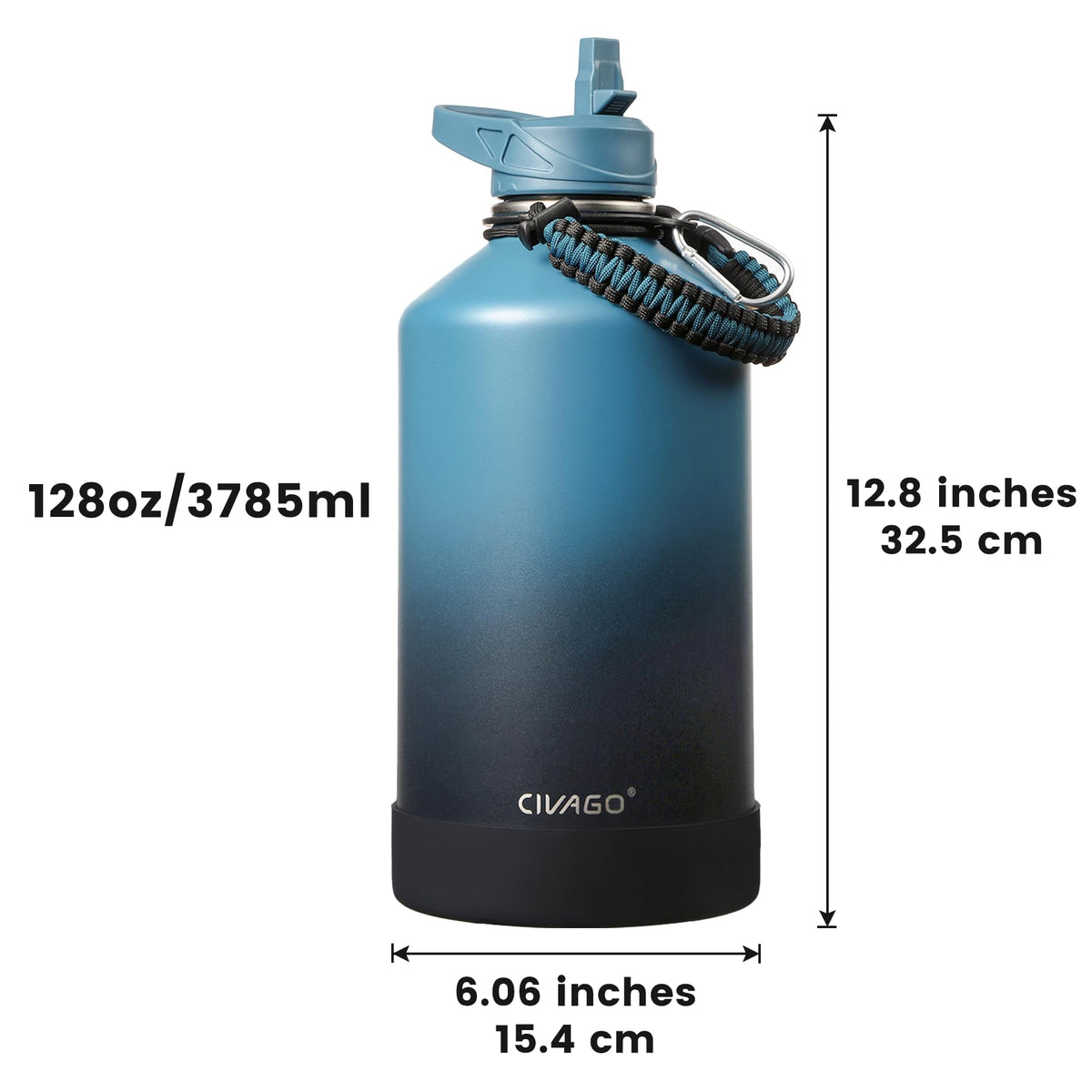 Gallon Insulated Stainless Steel Water Bottle With Straw and 3 Lids