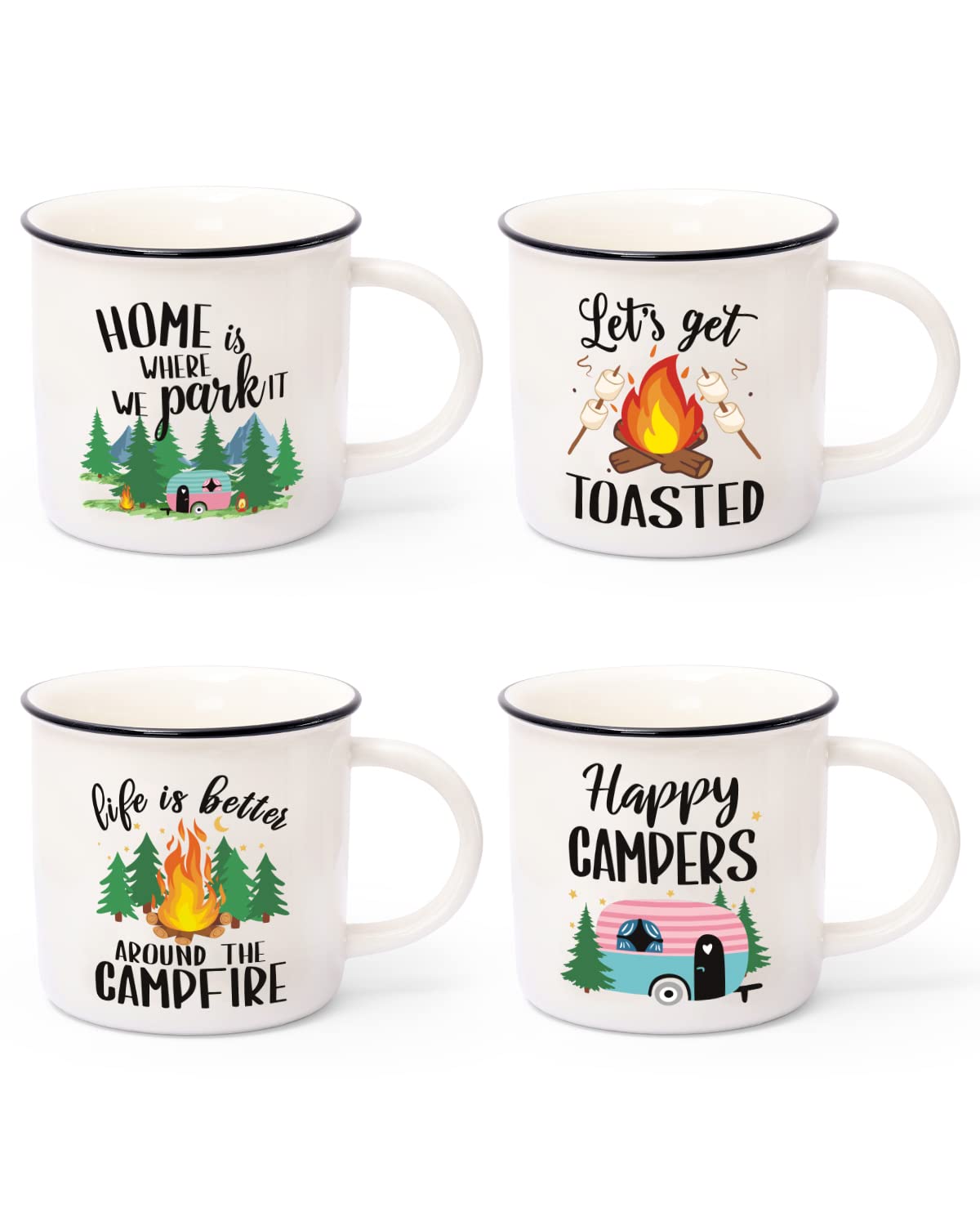 Camping Gifts Ceramic Coffee Mug Set of 4 Happy Campers Tea Cups