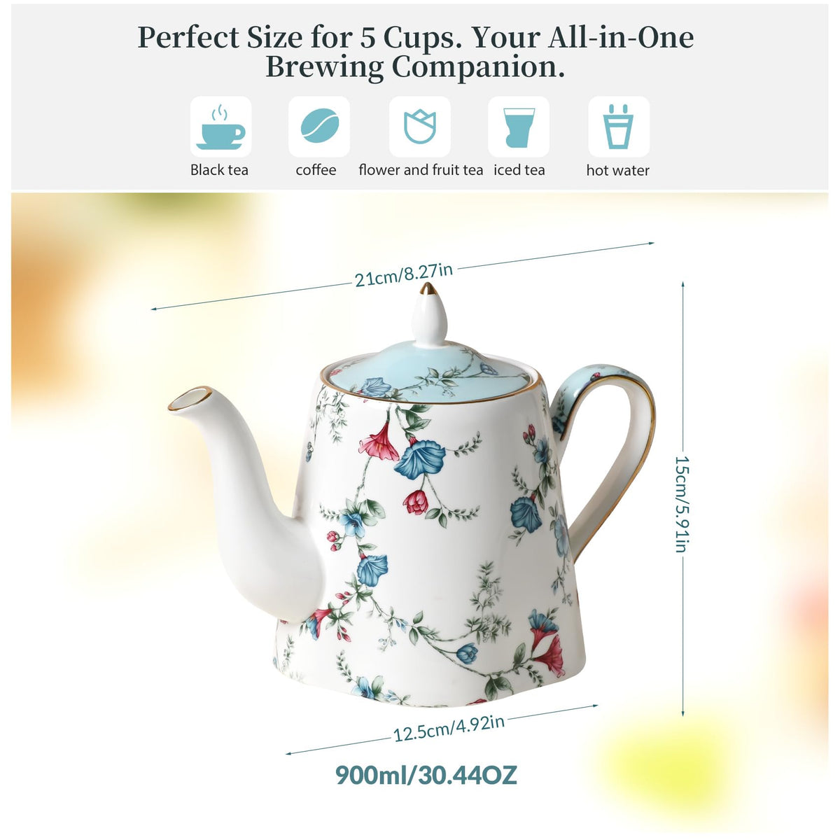 Teapot Set Vintage Floral Bone China Teapot with 24K Gold