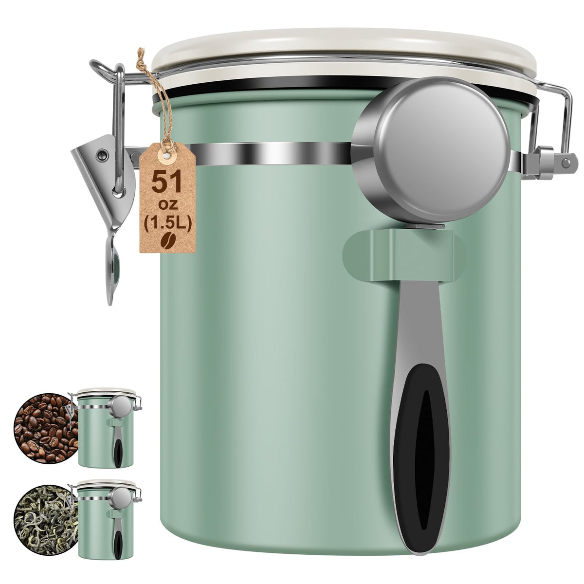2PCS Coffee Storage Canister 1.5L 51OZ Double Airtight Coffee Beans Container with Date Locator 304 Stainless Steel Kitchen Food Storage Container with Spoon For Coffee Beans Grounds Tea Sugar (2 Count)