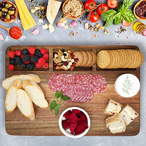 Large Acacia Wood Cutting Board for Kitchen 17x12x1.5 with 3 Compartments