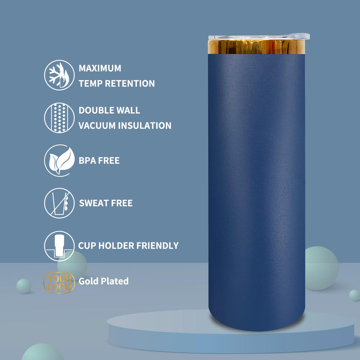 20 oz Skinny Tumblers Bulk With Lid and Straw Navy (8 Count)