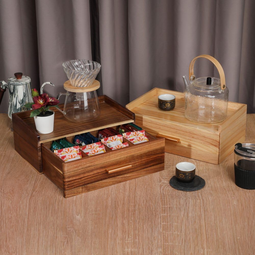 Tea Organizers and Storage Box Tea Station organizer for Countertop with 4 Cotton Woven Coasters Acacia Wood Tea Bag Organizer Drawer Teabag Holder with 8 Compartments Wooden Sugar Packet Holder