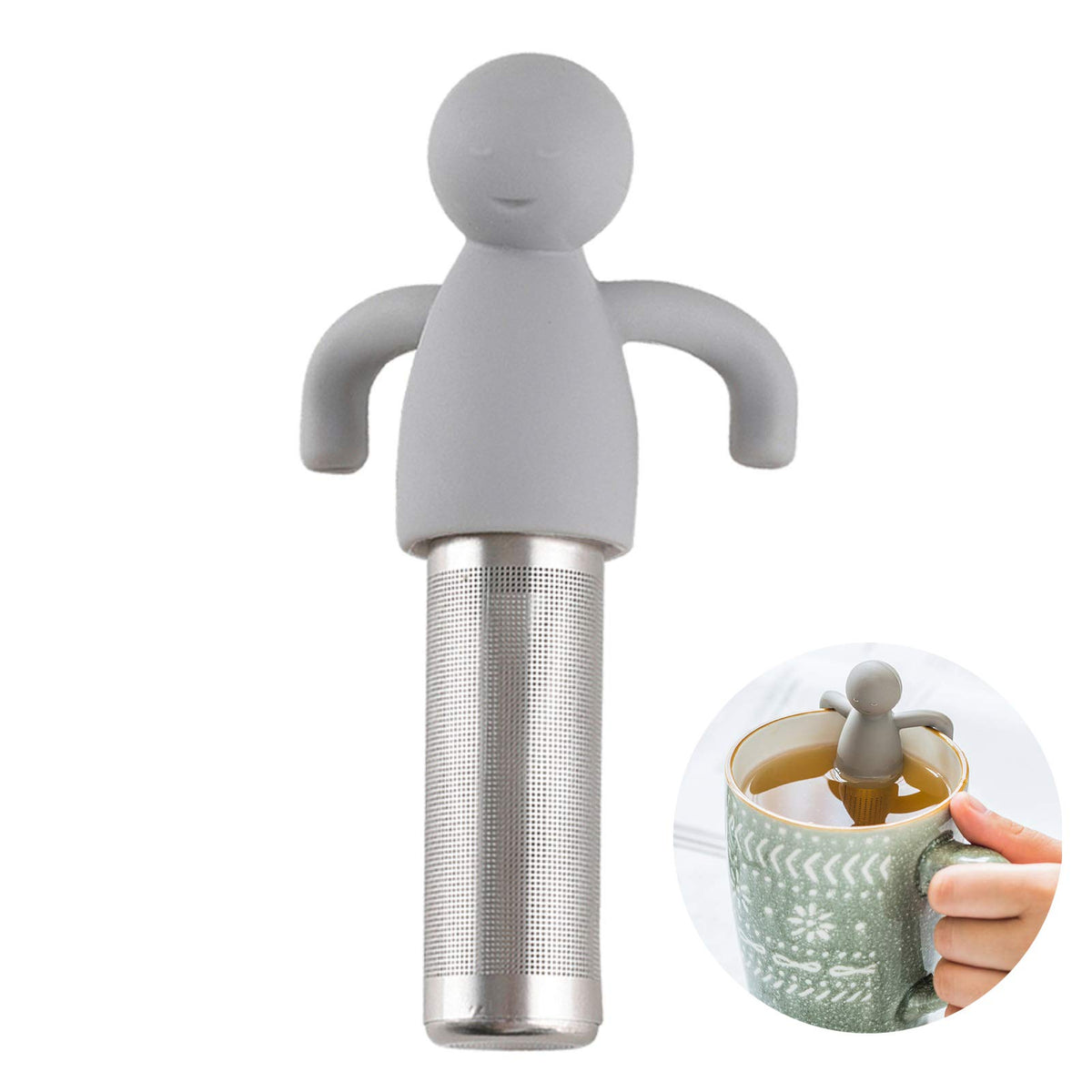 Tea Infuser for Loose Leaf Tea Cute Tea Strainer Ball Stainless Steel Extra Fine Mesh Tea Steeper Filter for Cup Mug Silicone Handle Grey