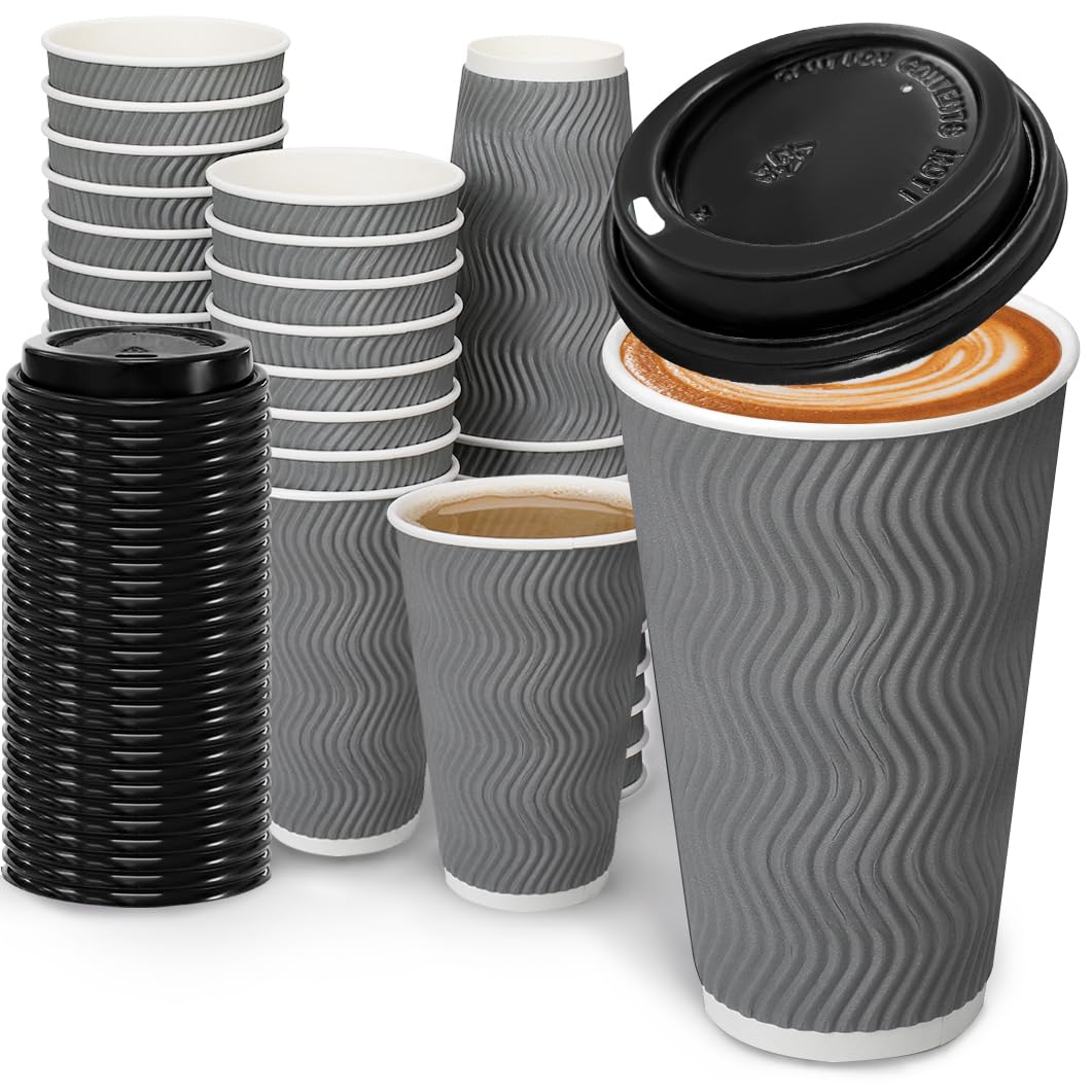 100 Pack 16 oz Paper Coffee Cups with Lids Disposable for Hot Drink (100 Count)