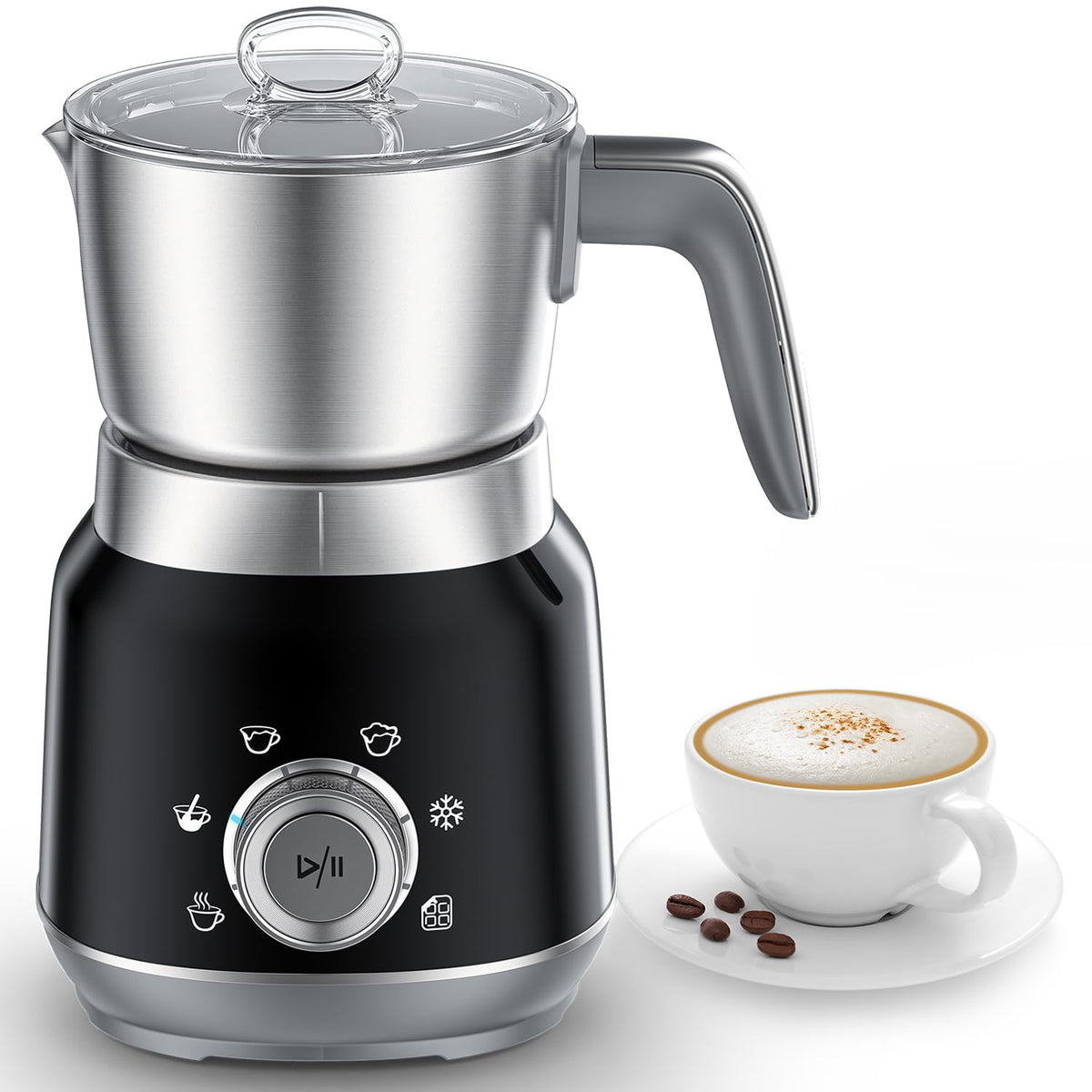 6-in-1 Electric Milk Frother and Steamer with Detachable Cups, Automatic Cold and Warm Foam Maker for Lattes/Cappuccinos/Hot Chocolate, Dishwasher Safe Black