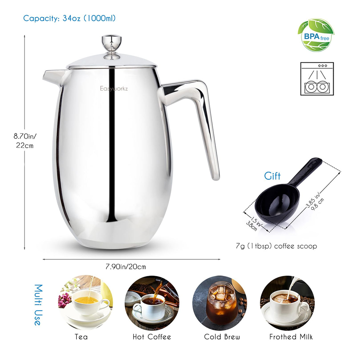 Nando French Press 34 oz Double Wall Insulated Thermal Coffee Maker