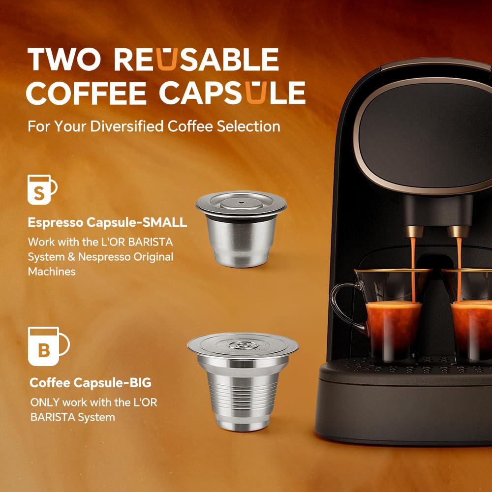 Big & Small Cup Stainless Steel Reusable Coffee Capsules Compatible with L'OR Barista LM8012 (3 Count)