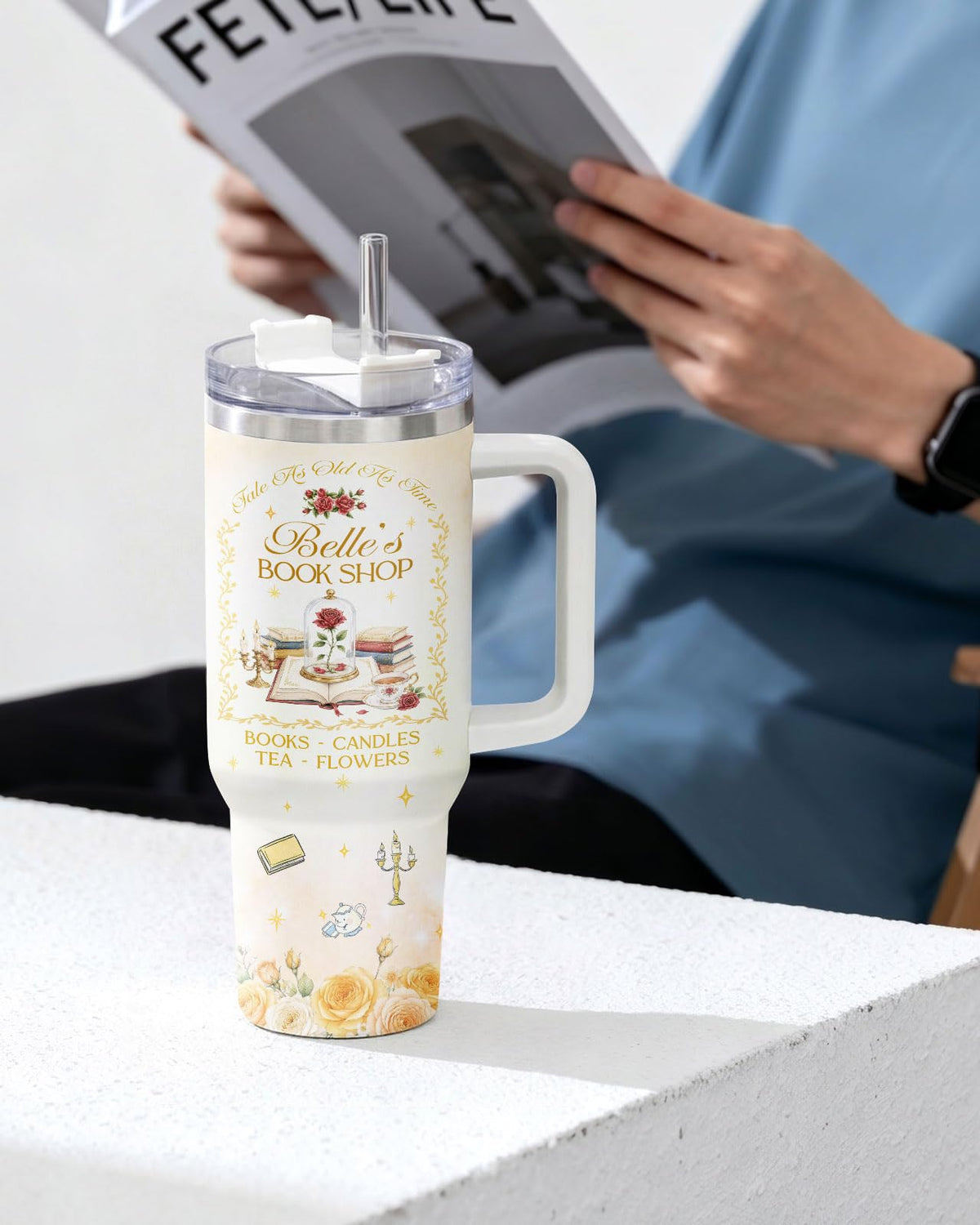 Book Lover Beauty 40oz Tumbler with Handle Straw Lid Enchanted Rose Princess Book Shop Insulated Stainless Steel Travel Mug Gifts for Women Reader Fan Gift