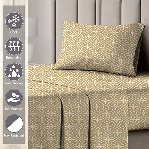 100% Cotton Oriental Print Twin Sheets Set 400 Thread Count Tan