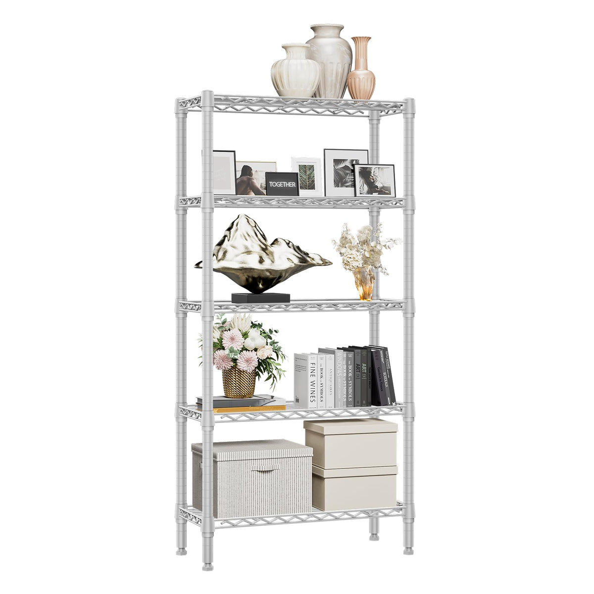 1250 lbs 5 Tier Shelf Metal Storage Shelves Wire Rack Closet Organizers for Garage Kitchen Bathroom Laundry White 11.8" D x 29.5" W x 59.5" H (5 Count)