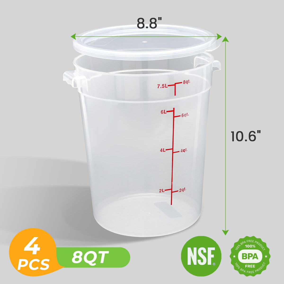 4 Pack 8 Qt Round Food Storage Containers with Lids (4 Count)