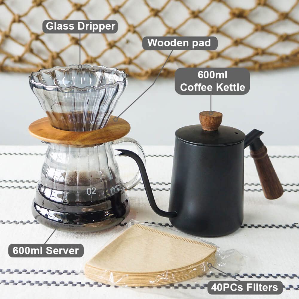 Pour Over Coffee Maker Set with Black Gooseneck Kettle