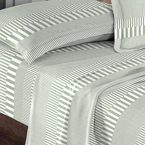100% Cotton Cascade Stripe Print Full Sheets Set 400TC Green