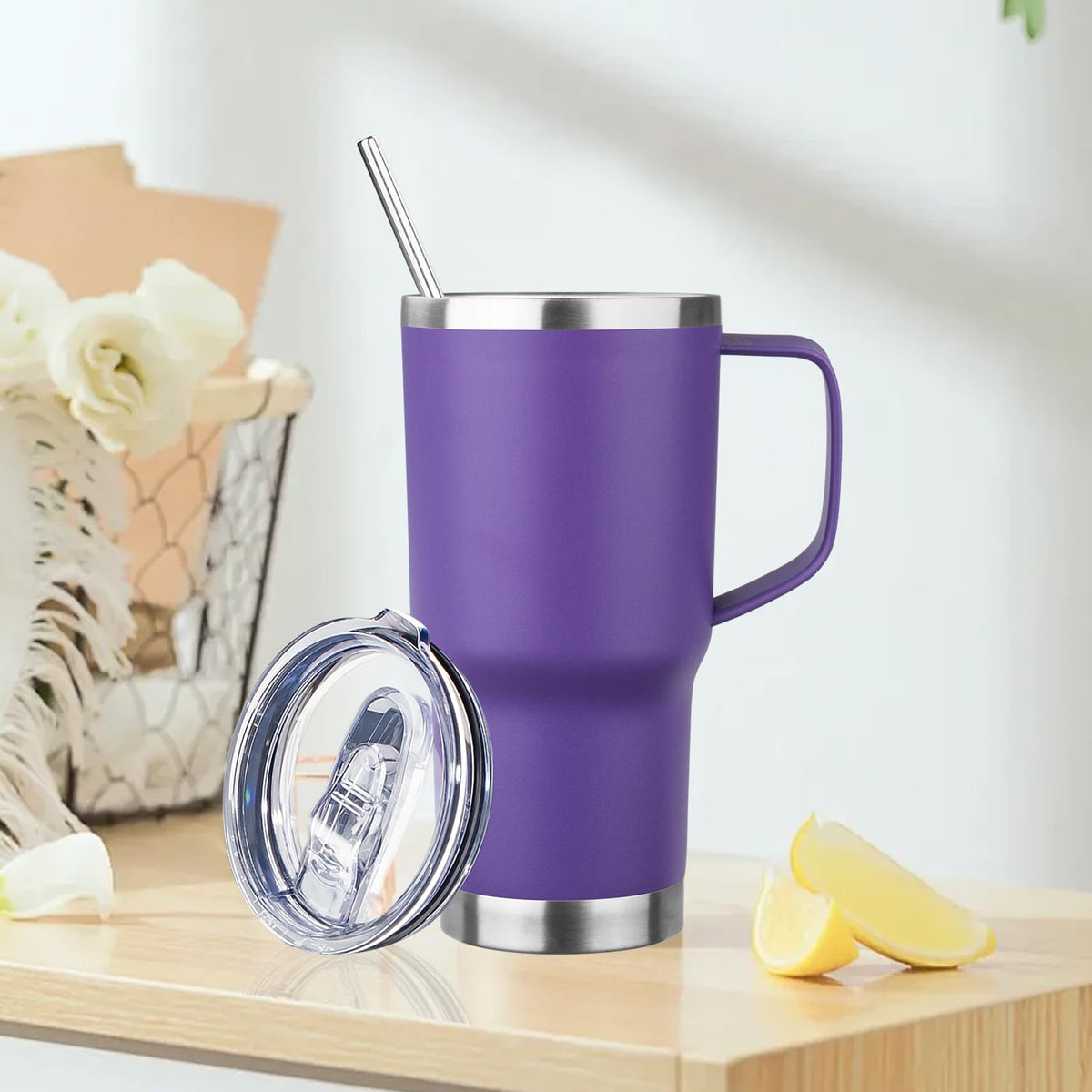 20oz Insulated Tumbler with Handle Stainless Steel Travel Coffee Mug with Lid and Straw Double Wall Vacuum Leak