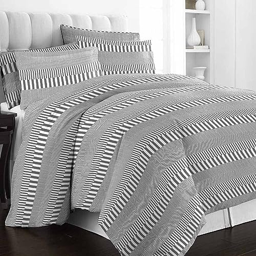 100% Cotton Cascade Stripe Print King Duvet Cover Set 400TC Grey