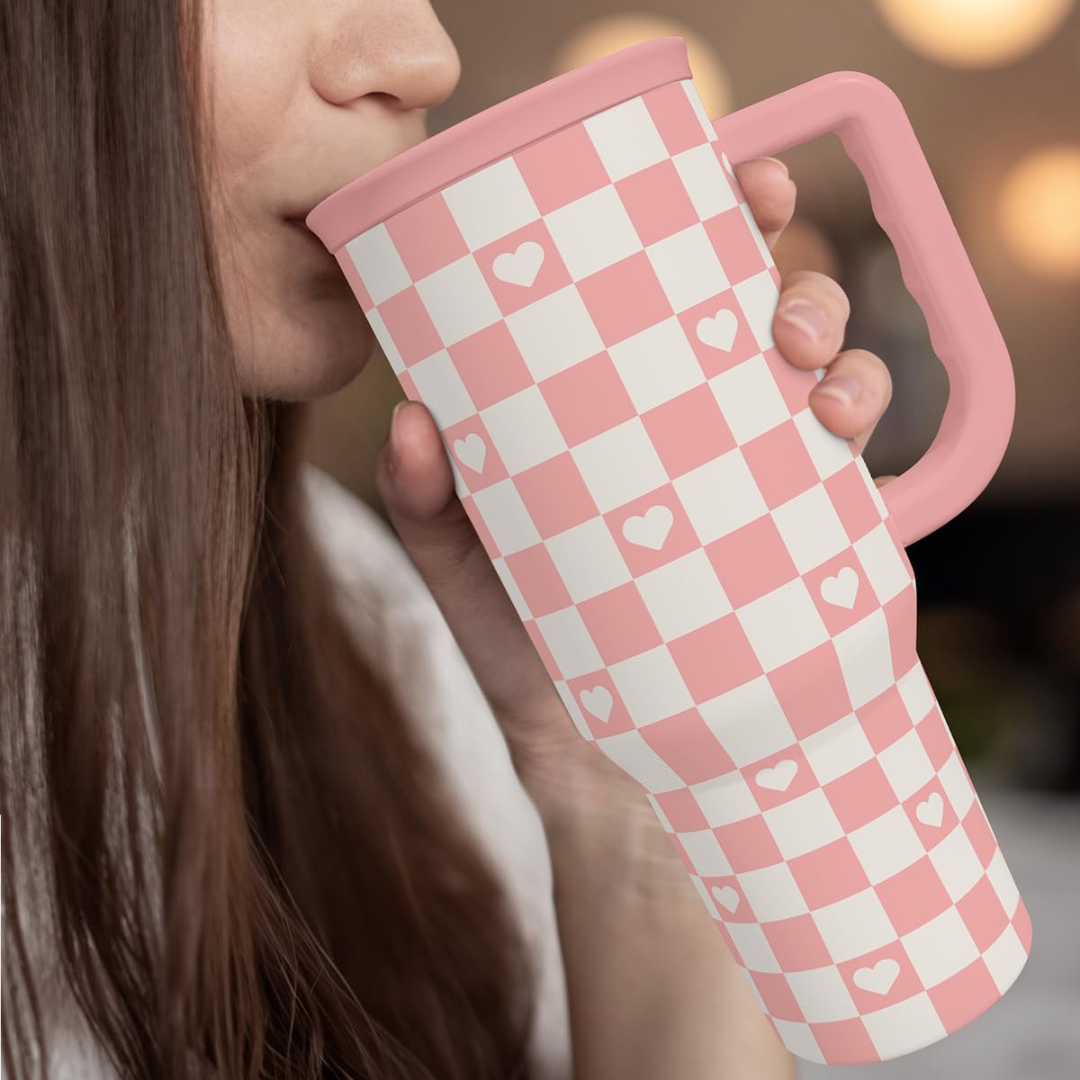 40oz Checkered and Heart Tumbler with Handle and Straw